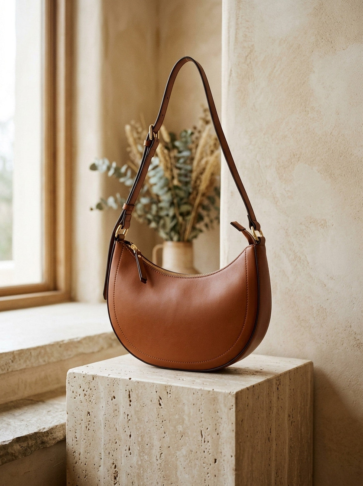 Varelyn Crescent Shoulder Bag in cognac vegan leather on a travertine plinth