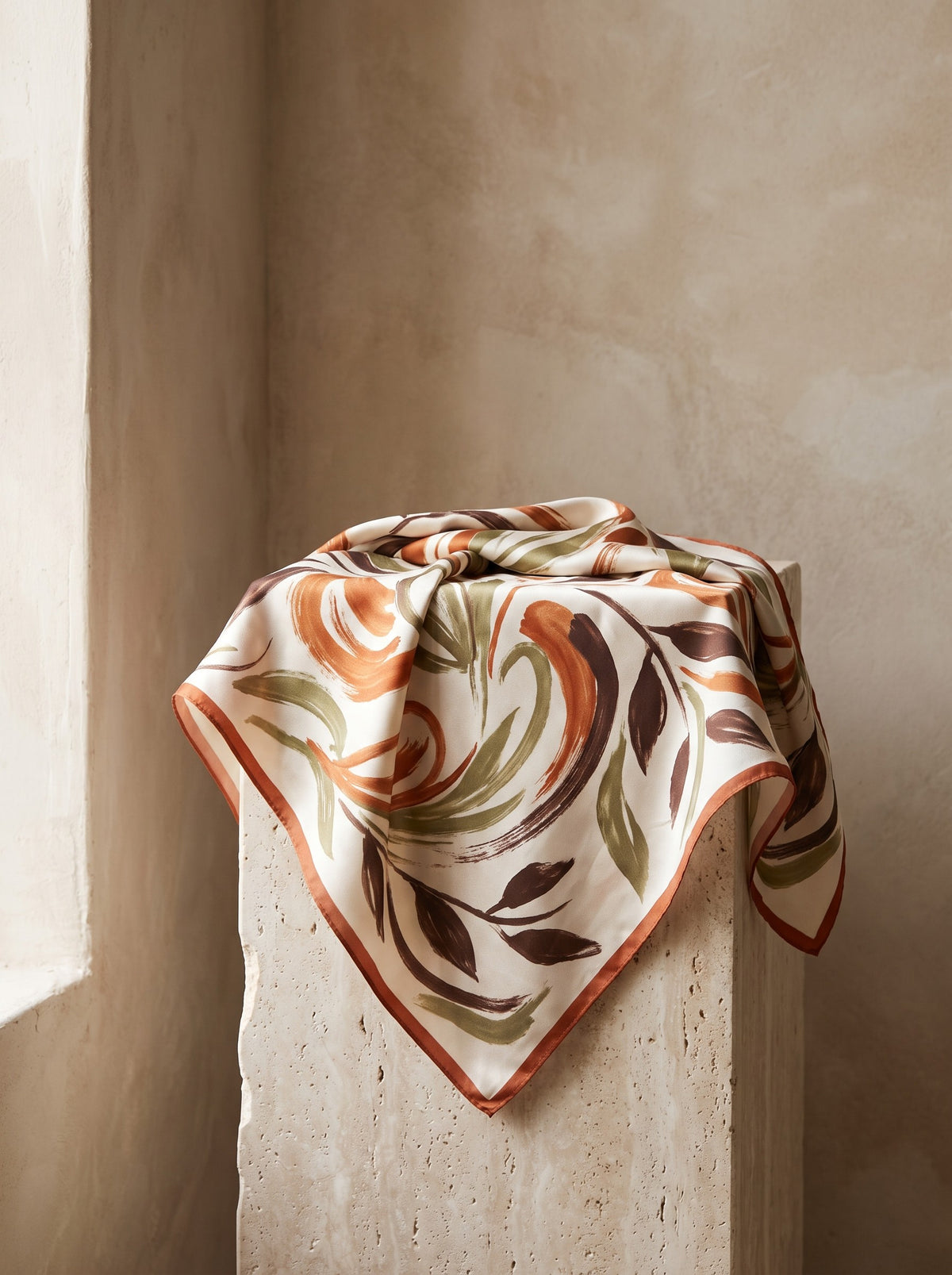 Printed Satin Square Scarf with a rust and olive botanical print draped over a stone plinth