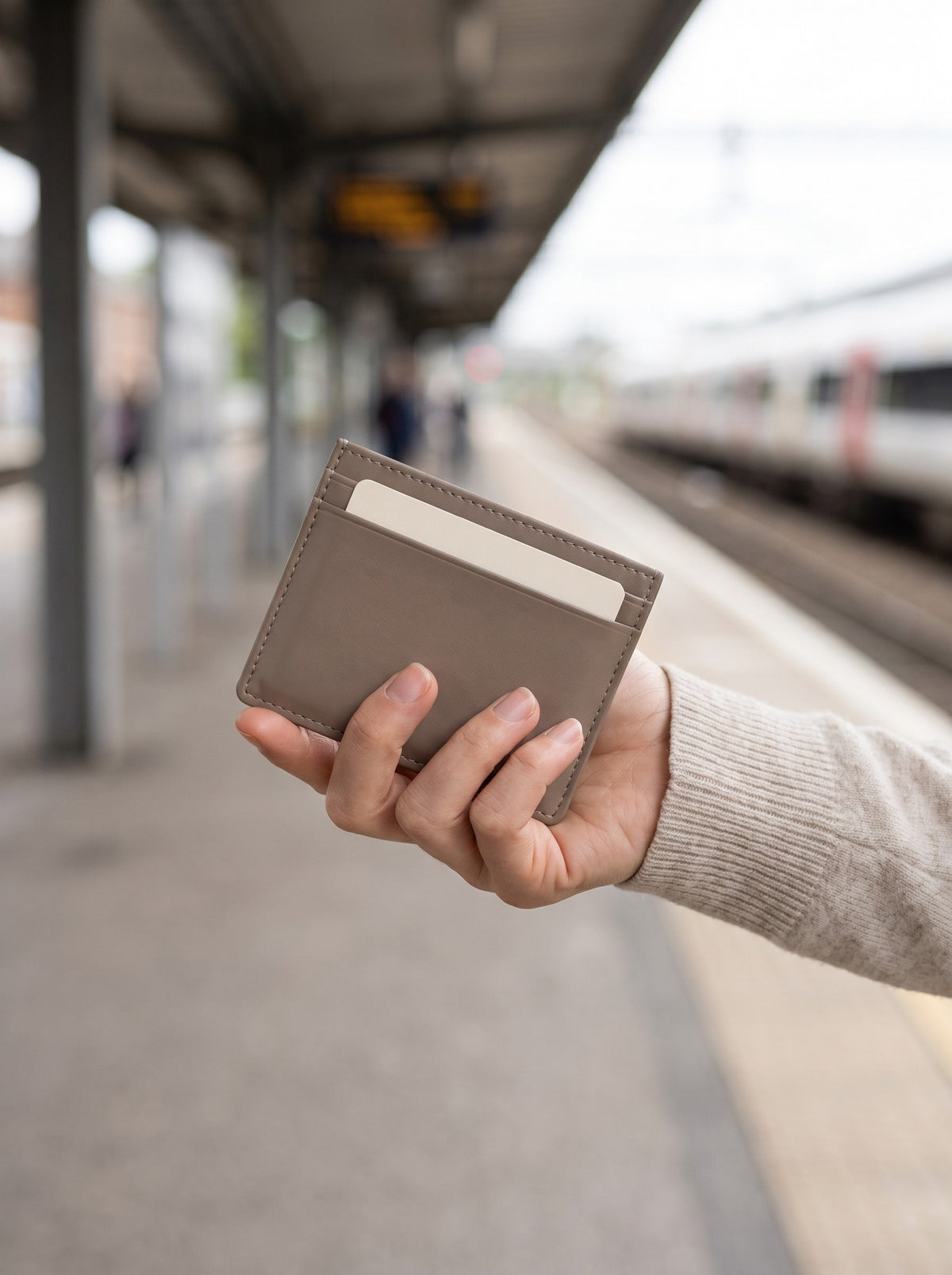 Hand holding the taupe Slim Card Holder on a railway platform